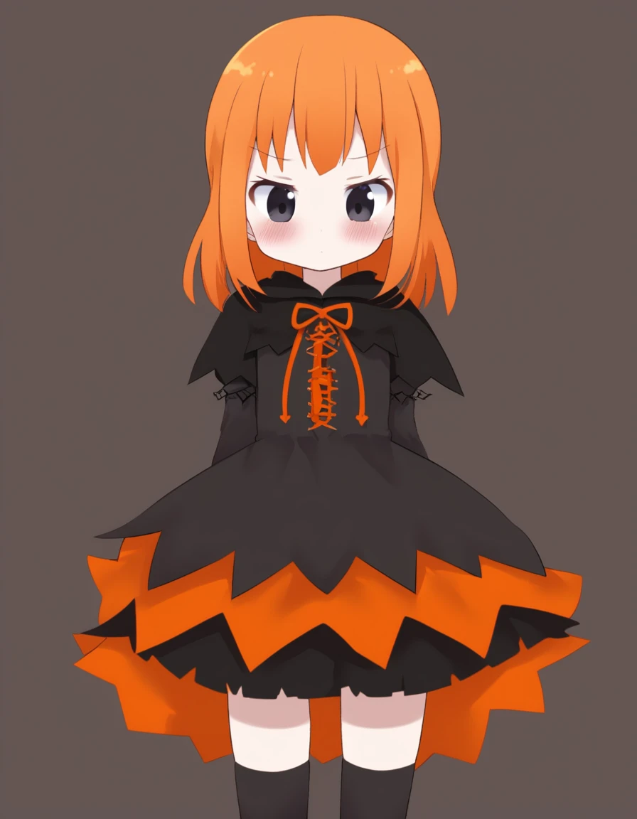 Cute girl, bright orange and dark black, thigh-high socks, gothic style, small bust, witch's clothes, simple background, front view, cowboy shot, standing, {{blushing}}, expressionless, {{loli}}, orange hair,