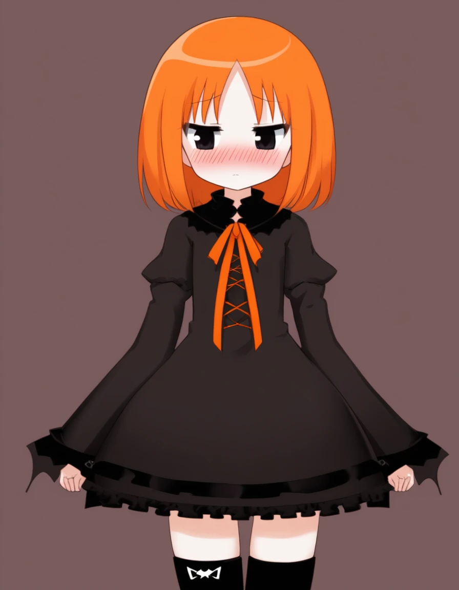 Cute girl, bright orange and dark black, thigh-high socks, gothic style, small bust, witch's clothes, simple background, front view, cowboy shot, standing, {{blushing}}, expressionless, {{loli}}, orange hair,