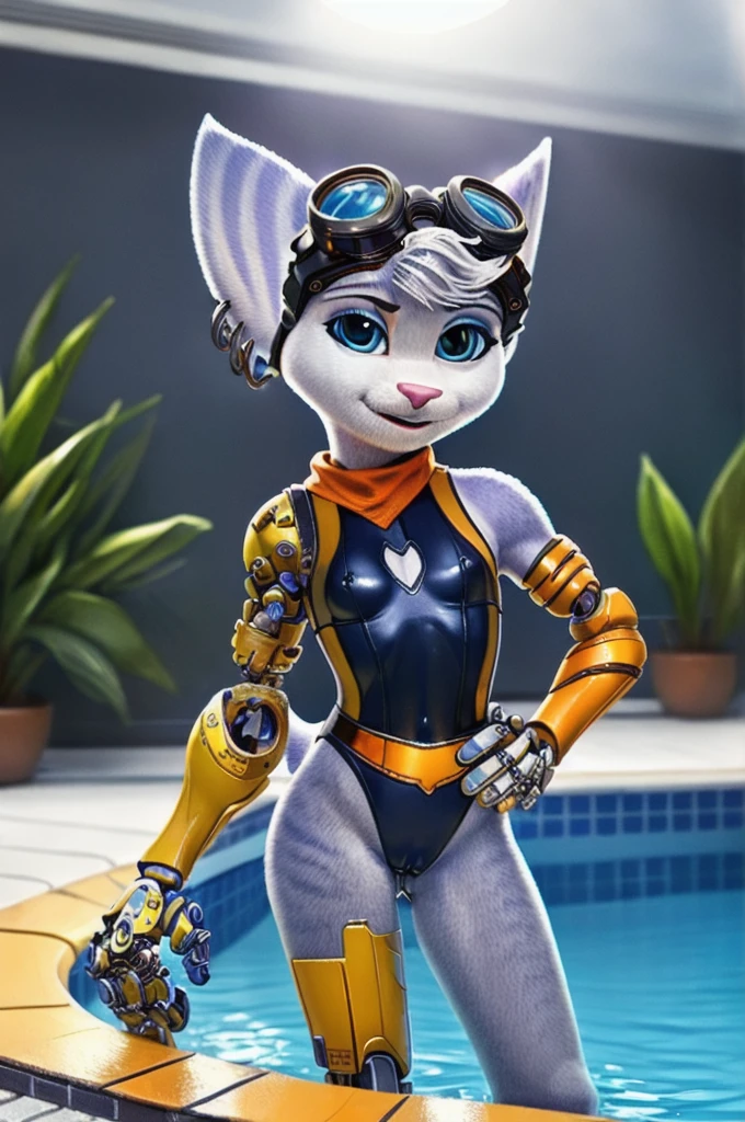 Rivet, tail, furry, 1girl, young, solo, (yellow cybernetic protease on the right shoulder), (wearing black wet swimsuit), standing at interior swimming pool, detailed body fur, detailed body, detailed eyes, detailed face, athletic, skinny, high quality, masterpiece, (small breasts), goggles, :D, looking at you, full body, ((good lighting on crotch)), (aroused), (horny), (bedroom eyes), (females cameltoe)