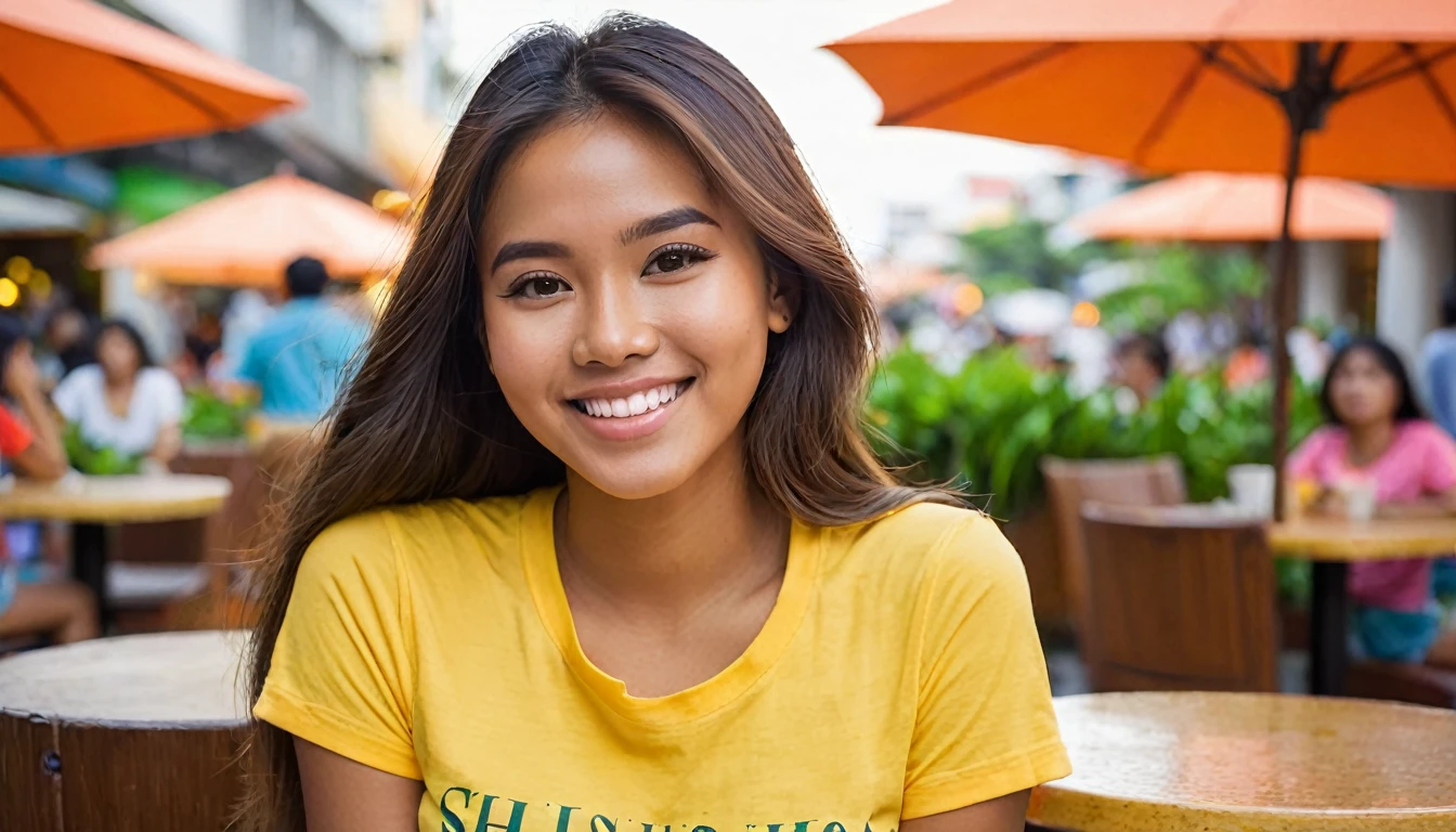 "Capture a 21-year-old Hispanic-Filipina-Latin woman with a slender and body, tanned brown skin, and a flat nose. Her long, thick, waist-length hair is a prominent feature. She is seated in a bustling outdoor mall food court in the Philippines, giving a candid, flirtatious smile. She wears casual shorts and a brightly colored t-shirt. The image is a medium shot, taken during the golden hour of the afternoon, emphasizing a bokeh background with a 2.8 aperture depth of field. The focus is sharp on her richly detailed face and hair, conveying a photorealistic quality."