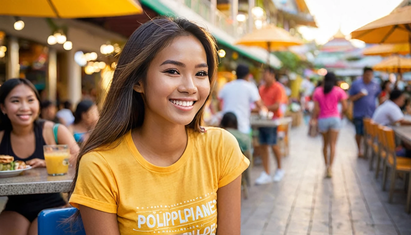 "Capture a 21-year-old Hispanic-Filipina-Latin woman with a slender and body, tanned brown skin, and a flat nose. Her long, thick, waist-length hair is a prominent feature. She is seated in a bustling outdoor mall food court in the Philippines, giving a candid, flirtatious smile. She wears casual shorts and a brightly colored t-shirt. The image is a medium shot, taken during the golden hour of the afternoon, emphasizing a bokeh background with a 2.8 aperture depth of field. The focus is sharp on her richly detailed face and hair, conveying a photorealistic quality."
