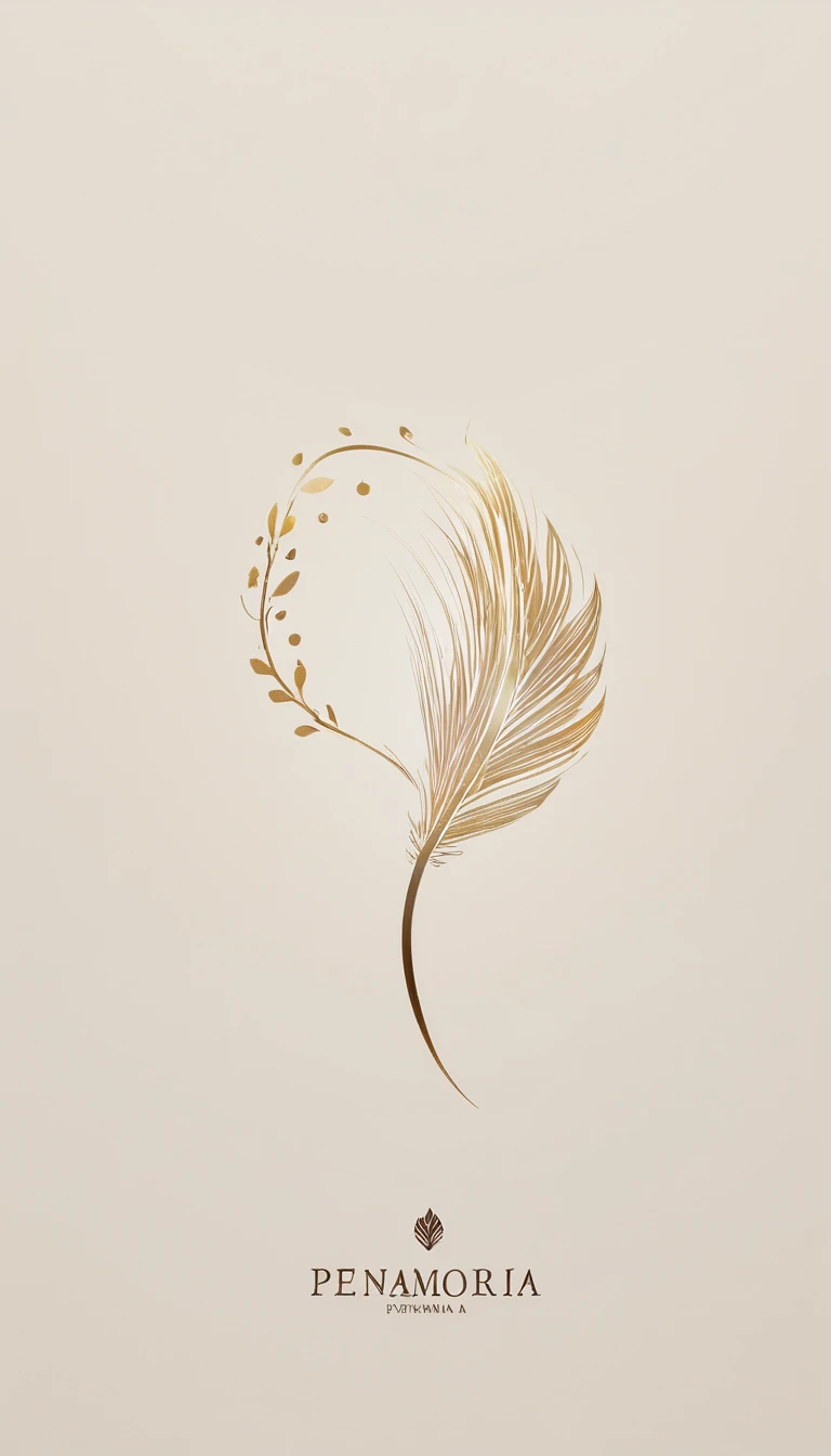 A minimal, modern, simple, cinematic logotype for the brand “Penamemoria". The logotype must be a simple, magical feather. The logo must convey a sense of music, stories and dreams. Logo design impressed on a book cover. Minimalistic logo