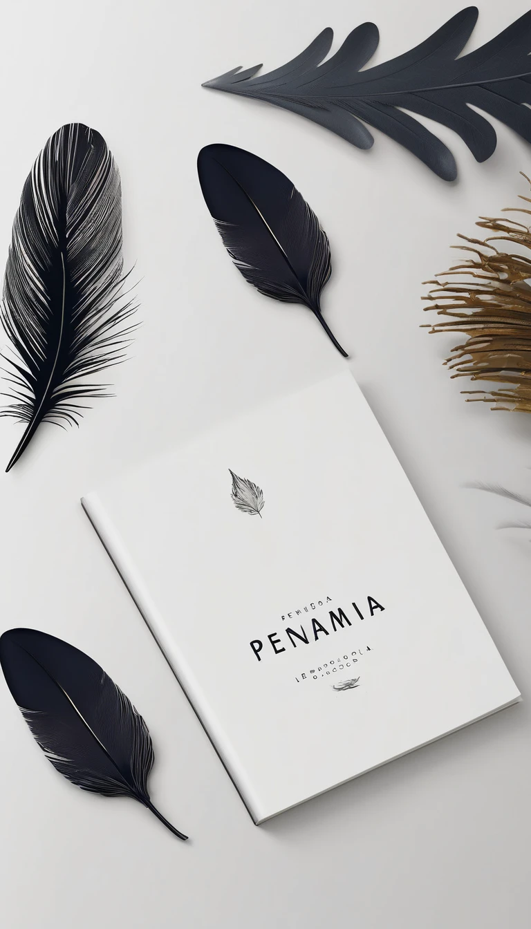 A minimal, modern, simple, cinematic logotype for the brand “Penamemoria". The logotype must be a simple, magical feather. The logo must convey a sense of music, stories and dreams. Logo design impressed on a book cover. Minimalistic logo
