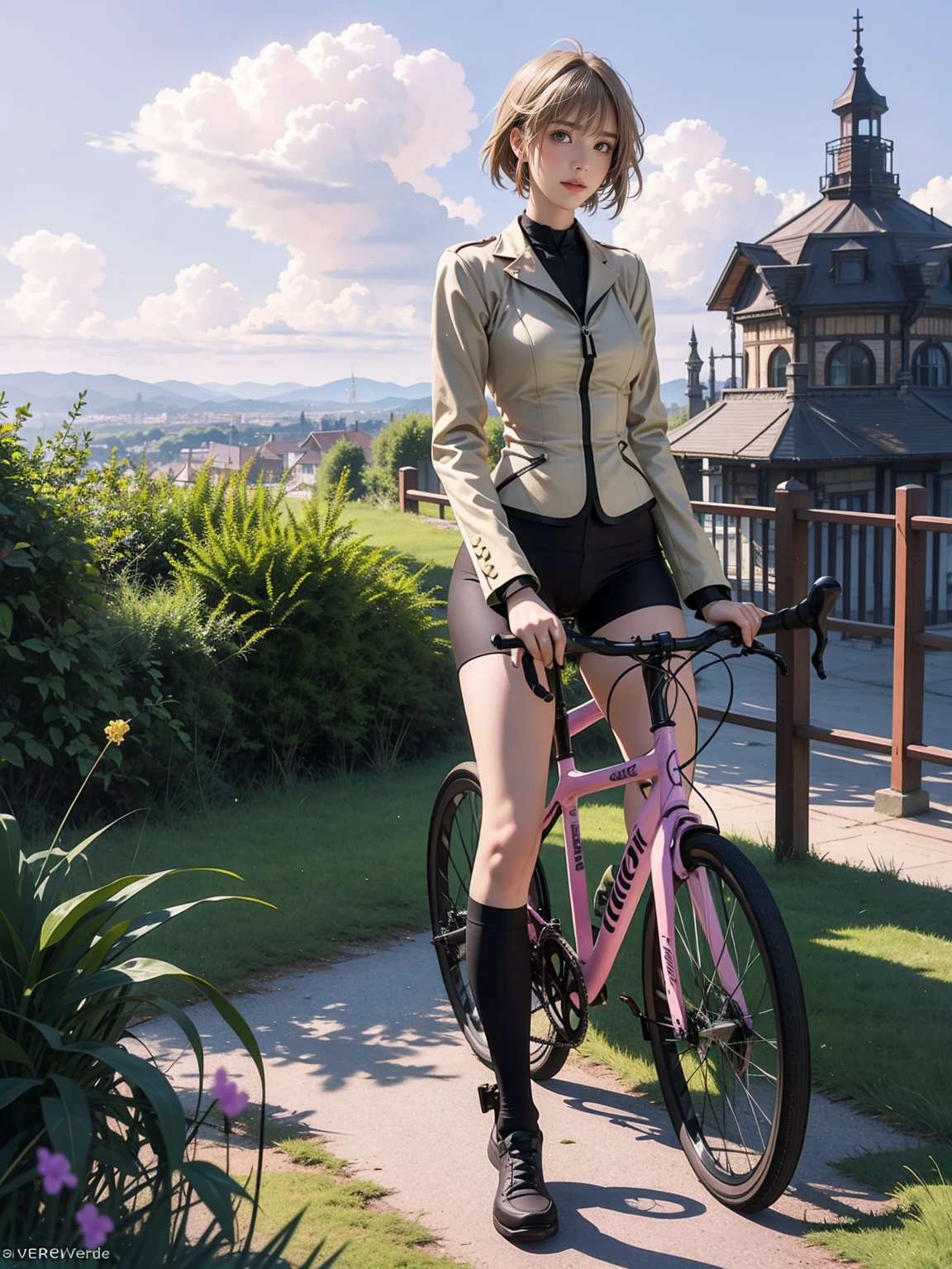 8K raw photos,hight resolution,(violet_evergarden:1.29),(pink theme:1.3),(full_body:1.3),best quality, professional bicycle race Scene, a female cyclist riding a bicycle through the french countryside, detailed lush green rolling hills, picturesque french village in the background, sunlight streaming through clouds, detailed texture on the bicycle and cyclist's uniform,