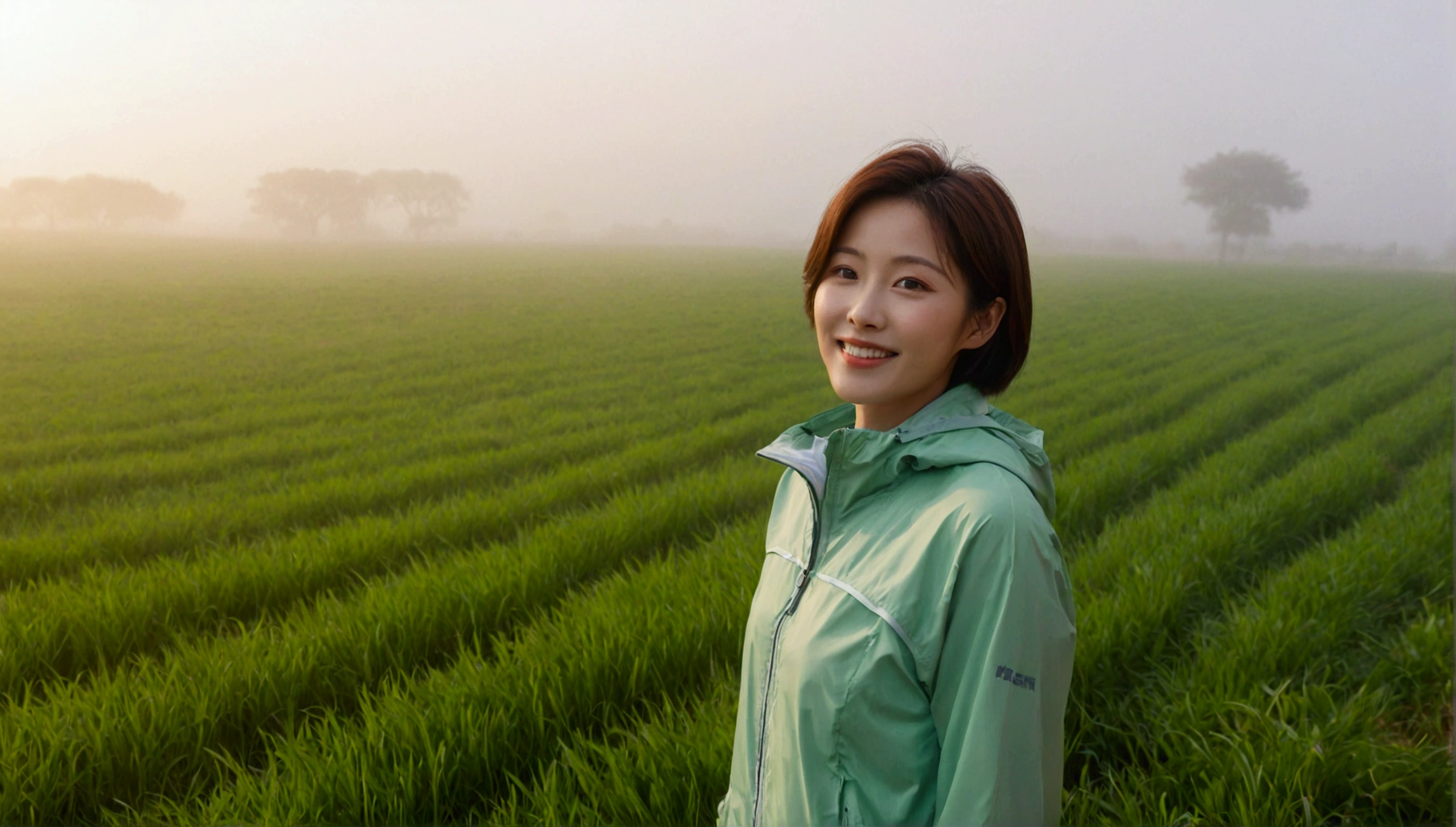 high quality, 1 woman, ((36-year-old healthy Korean woman)), ((36 years old)), 1 woman, eyes are big and beautiful. ((slim)), ((short medium hair)), Smile. pose: standing, gray and light green luxury brand windbreaker jacket, background: 1 woman, California, USA, green grass, pasture, Cow, A green meadow can be seen in the distance through the early morning fog.. Full body shot with 16-34 wide angle lens, looking up the side, morning red sunlight,  Make the whole body visible.