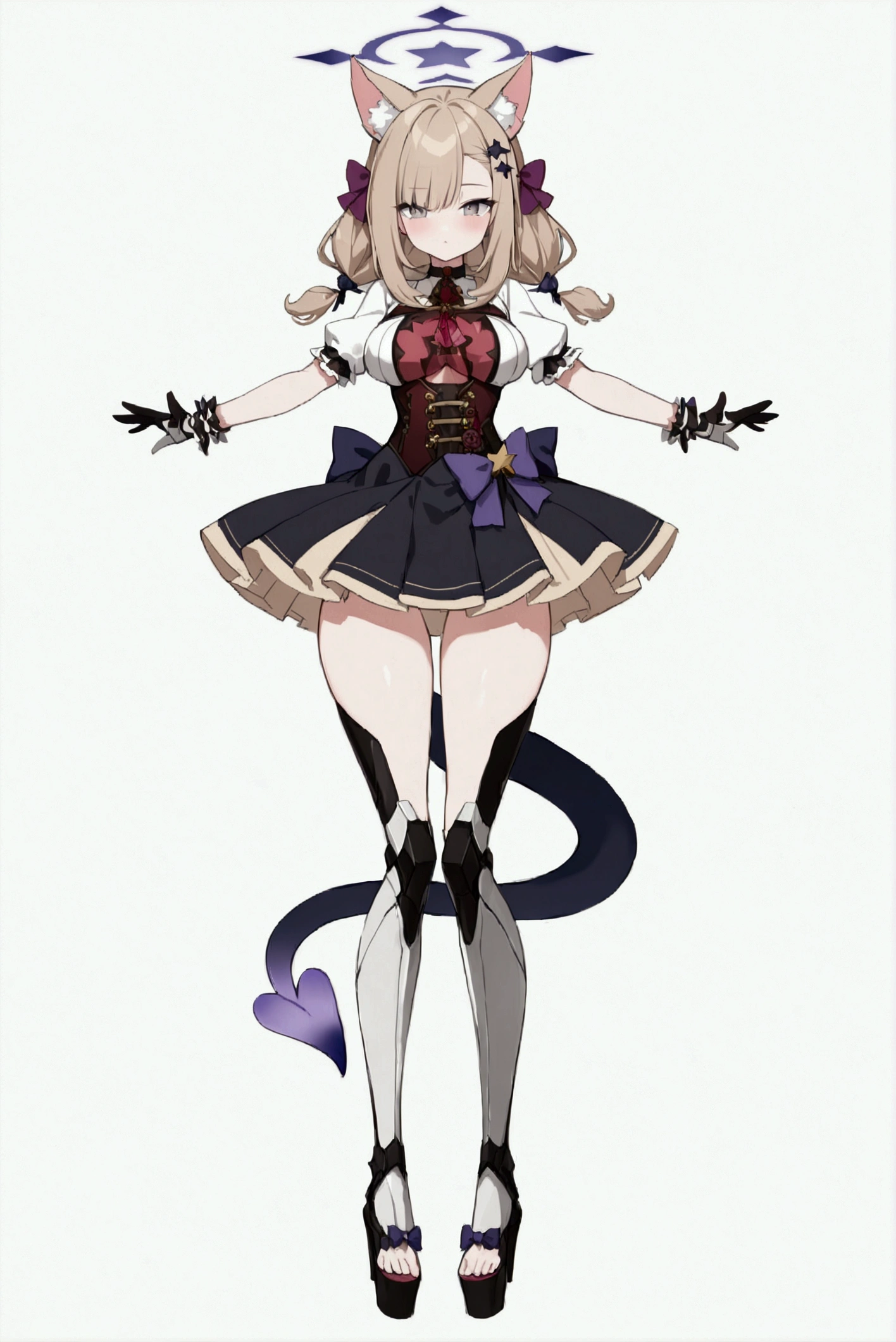 woman 170 cm tall, medium chest, wide hip, slim build, charming look, ((whole body)), (((character design sheet: front view))), (dark blonde hair, ((hip length wavy hair, asymmetrical bangs, star hairpin)), (She has a short braid tied with an elegant purple ribbon on the left side of her hair above her chest), (She has a short braid tied with an elegant purple ribbon on the right side of her hair above her chest), She has small hair bows in the back of her hair), ((Gray eyes with a pink 4-pointed star in the pupil)), (Two black and purple fox ears located on the top of the head), (Luminous black horizontal halo with purple star patterns above head), He has a black collar with a heart emblem on his neck., (Elegant long one piece dress, Thigh-length lace and ruffle skirt, large bow at the back of the hip, ribbon decorations and star patterns on the dress), black ruffled gloves, Black platform heels, gray belt at the waist with a large ribbon with a luminous pink heart in the middle, ((It has a succubus tail that ends in the shape of a heart)), (((It has complex mechanical legs that reach up to the thighs and are black with small purple and red details.))), extremely detailed beautiful hair, beautiful detailed dress, extremely detailed arms, extremely detailed face, Extremely detailed hands, small face, Beautiful detailed eyes, beautiful detailed lips, adorable, extremely detailed legs, (Best Quality, 4k, high resolution), ultra detailed, Exquisite and epic character art, ((White background)), (Focus on symmetry).