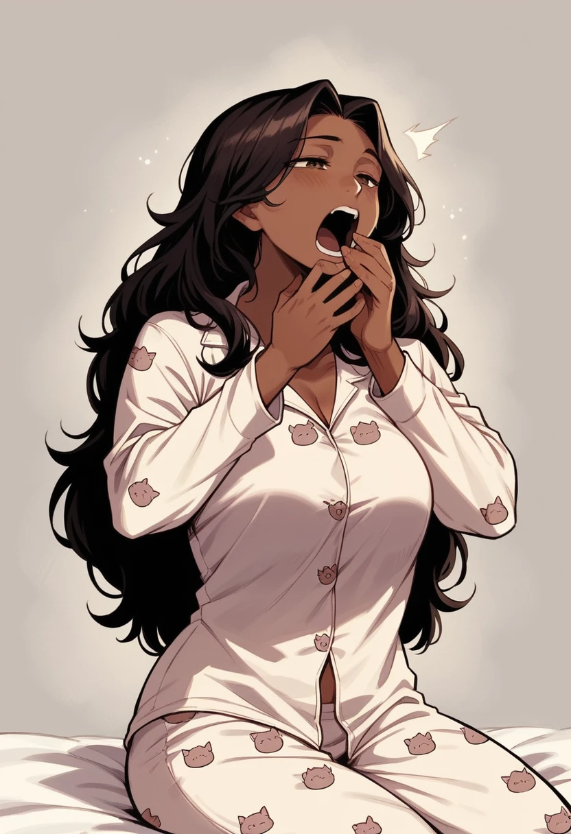 Alone, Masterpiece, Hire,high resolution, Best Quality, 1 girl,big breasts, mature woman, dark hair, Brown eyes, (Dark skinned female:1.2), (Dark skin:1.2),Medium long hair, seated en la cama, seated, Wariza, relaxed, awakening, half closed eyes,  white pajamas, cat print pajamas, yawning, wake up yawn, covering the mouth