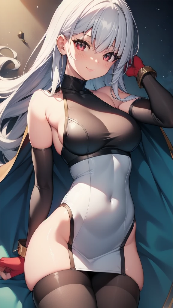 masterpiece, best quality, 1 solo girl, white hair, red eyes, long hair, medium breasts, sexy body and face, wavy hair, smile, parted lips, gradient clothes, dress, elbow gloves, sleeveless, bare shoulders, cape, boots, bracelet, sleeveless dress, ribbon, black gloves, turtleneck, short dress, pantyhose, black footwear, night, sexy pose, cowboy shots, detailed body, face, and eyes, sharp focus, vibrant, creative, dynamic, high definition, high resolution, 8k, (Upscale: R-ESRGAN 4x+ Anime6mage enchance:4x), voluptuous body, cinema lightning, dakimakura style, looking at the viewer,