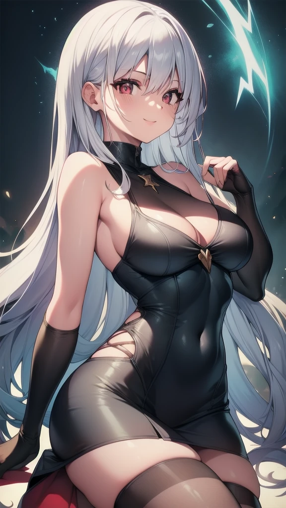 masterpiece, best quality, 1 solo girl, white hair, red eyes, long hair, medium breasts, sexy body and face, wavy hair, smile, parted lips, gradient clothes, dress, elbow gloves, sleeveless, bare shoulders, cape, boots, bracelet, sleeveless dress, ribbon, black gloves, turtleneck, short dress, pantyhose, black footwear, night, sexy pose, cowboy shots, detailed body, face, and eyes, sharp focus, vibrant, creative, dynamic, high definition, high resolution, 8k, (Upscale: R-ESRGAN 4x+ Anime6mage enchance:4x), voluptuous body, cinema lightning, dakimakura style, looking at the viewer,