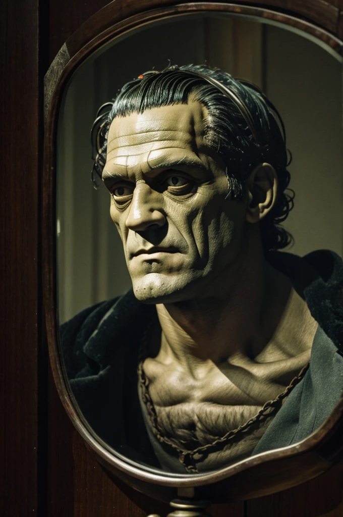 Frankenstein looking in a mirror 