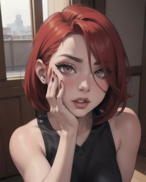 1 12 year old single girl faces red hair round eyes, eyeshadow, lewd expression,