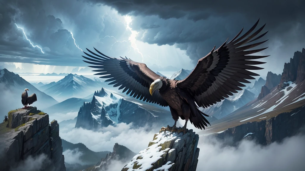 A Giant Vulture on mountain with huge storm behind him due to the fully opened wings