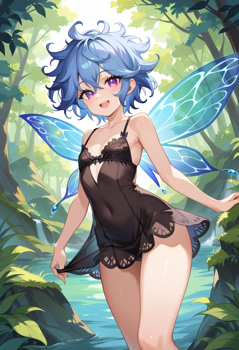 score_9, score_8_up, score_7_up, best quality, masterpiece, 4k, prefect lighting, very aesthetic, source_anime,Masterpiece, Hyper detailed, Best quality, UHD, Ultra high resolution, (16K), (((Watercolor))), ((anatomically correct)),1girl,(short dress:1.4),black dress,(messy hair:1.5),(lingerie:1.4),((leather accents)),((spiked jewelry)),lingerie,((fairy wings)),blue hair,short hair,messy bangs,ultra-detailed face,beautiful detailed eyes,((narrowed-eyed)),violet eyes,flat chest,(cute eyes:1.4),smug expression,exaggerated pose,solo,
Dynamic portrait,
((woods)),stream,(fantasy)