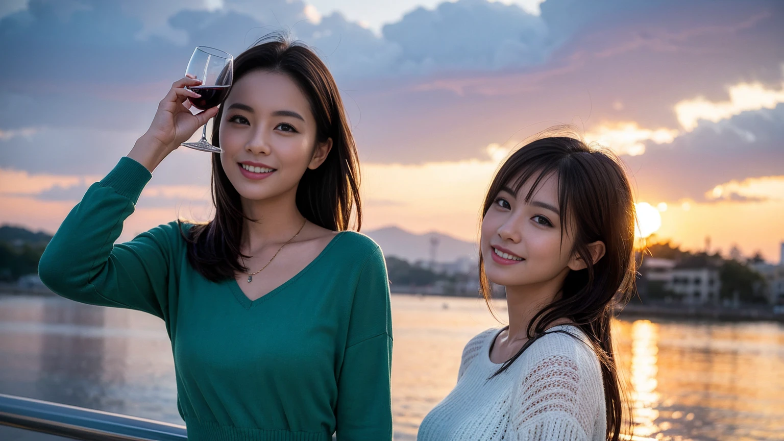 ((Highest quality、、masterpiece:1.3))、1 male、1 female,44 years old 39 years old、Please shine a light on my face、Slim Beauty、Beautiful couple、Upper Body、smile、 (Slim face), (the body is スリム), (Brown Hair), (Shortcuts), テーブルのフルコースディナーとwine glass、Amazing view of the sunset sky and clouds、smileの美しさ、Wine bottle、sparkling wine、Long sleeve shirt、dress、White wine, red wine, wine glass, Beautiful fine grain, Depth f/2,saturation, High Contrast, Strong light and shadow,Moist Body:1.5、 texture、The hair is very shiny、