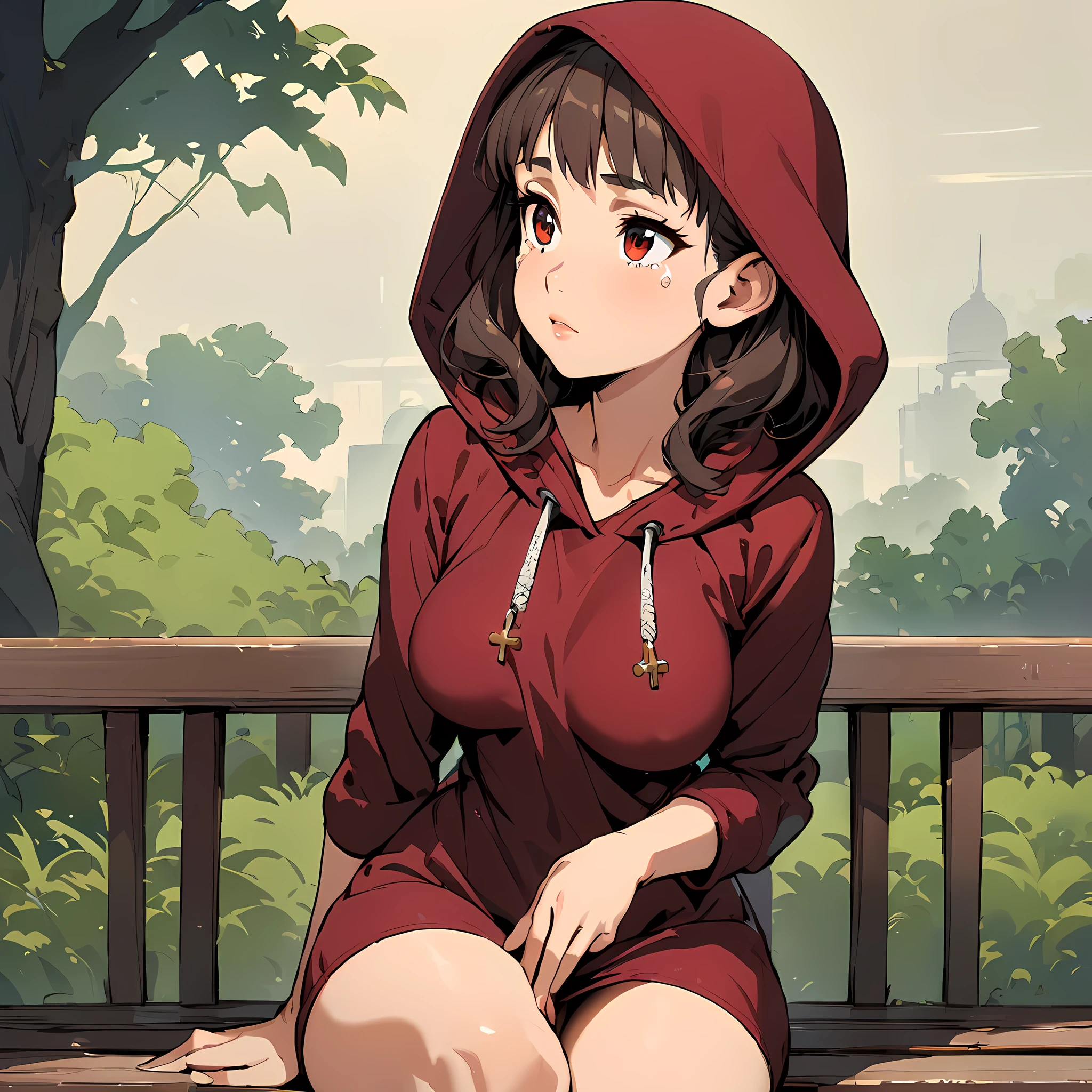 ((masterpiece,best quality)), highly detailed, 1 human_girl, 16 year old, Teardrop_breasts, wearing a Fleece-lined hoodie dress, showcasing her beautiful figure and her dress, Eyes: Deep-set, hazel with green flecks, Nose: Straight and slender, Lips: Full, deep red, Hair: Long, wavy, dark brown, Skin Tone: Fair with a cool undertone, Eyebrows: Medium thickness, gently arched, Cheekbones: High and sculpted, Chin: Pointed, Ears: Medium-sized and slightly visible, Expression: Graceful and introspective