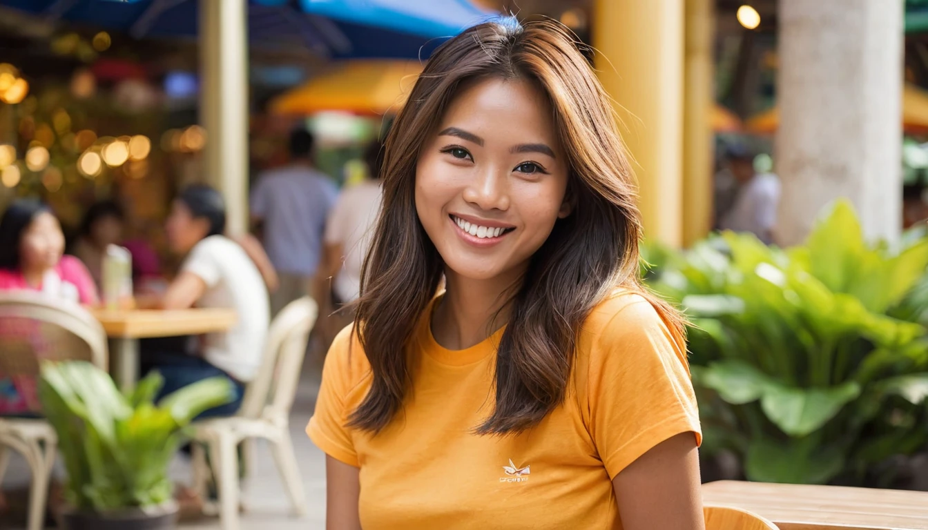 "Capture a 28-year-old Asian-Hispanic-Filipina woman with a slender and body, tanned brown skin, and a flat nose. Her long, thick, waist-length hair is a prominent feature. She is seated in a bustling outdoor mall food court in the Philippines, giving a candid, flirtatious smile. She wears casual shorts and a brightly colored t-shirt. The image is a medium shot, taken during the golden hour of the afternoon, emphasizing a bokeh background with a 2.8 aperture depth of field. The focus is sharp on her richly detailed face and hair, conveying a photorealistic quality."