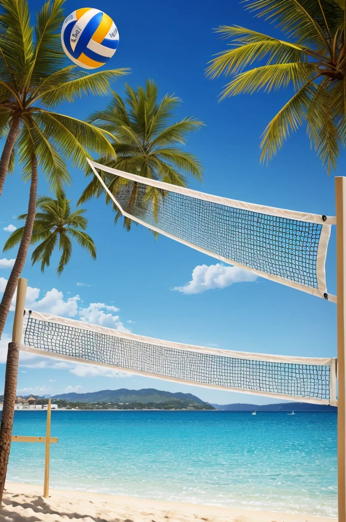 masterpiece,best quality,The background is the beach,((There is a volleyball net present))(Extremely detailed 8K wallpaper),(best quality),(Best illustration),(Best shadows),absurd,realistic lighting,(abyss),Beautiful detailed glow,PeterMohrBacherArt