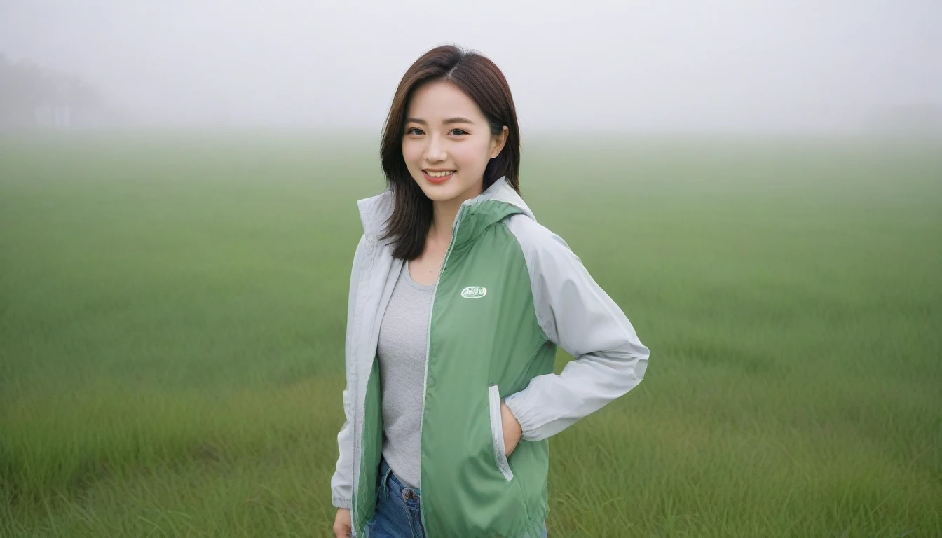 high quality, 1 woman, ((36-year-old healthy Korean woman)), ((36 years old)), 1 woman, eyes are big and beautiful. ((slim)), ((short medium hair)), Smile. pose: standing, gray and light green luxury brand windbreaker jacket, background: 1 woman, California, USA, green grass, pasture, Cow, A green meadow can be seen in the distance through the early morning fog.. Full body shot with 16-34 wide angle lens, looking up the side, Make the whole body visible