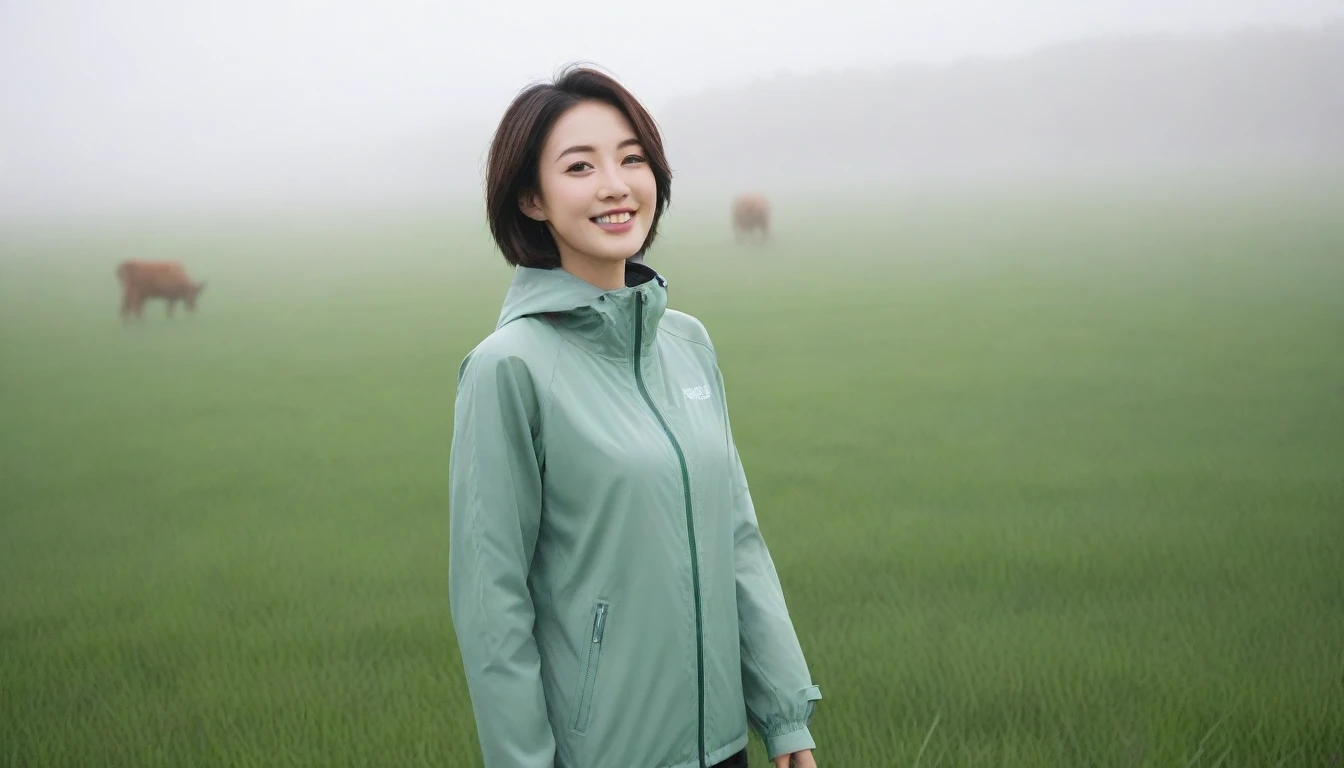high quality, 1 woman, ((36-year-old healthy Korean woman)), ((36 years old)), 1 woman, eyes are big and beautiful. ((slim)), ((short medium hair)), Smile. pose: standing, gray and light green luxury brand windbreaker jacket, background: 1 woman, California, USA, green grass, pasture, Cow, A green meadow can be seen in the distance through the early morning fog.. Full body shot with 16-34 wide angle lens, looking up the side, Make the whole body visible