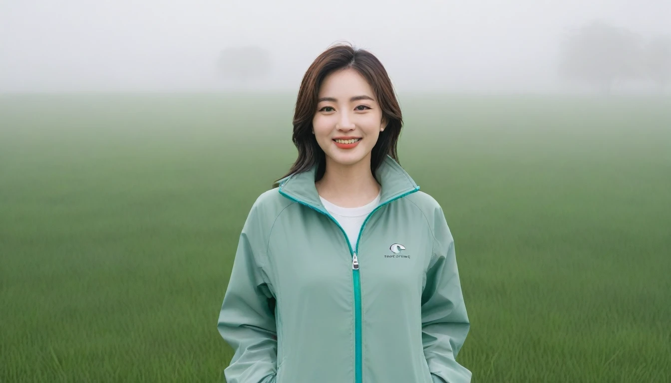 high quality, 1 woman, ((36-year-old healthy Korean woman)), ((36 years old)), 1 woman, eyes are big and beautiful. ((slim)), ((short medium hair)), Smile. pose: standing, gray and light green luxury brand windbreaker jacket, background: 1 woman, California, USA, green grass, pasture, Cow, A green meadow can be seen in the distance through the early morning fog.. Full body shot with 16-34 wide angle lens, looking up the side, Make the whole body visible