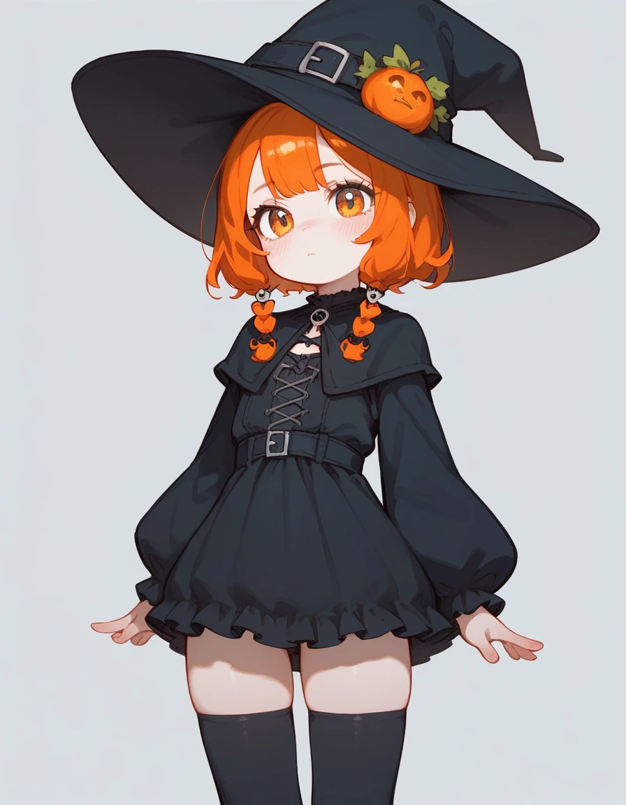 Cute girl, bright orange and dark black, thigh-high socks, gothic style, small bust, witch's clothes, simple background, front view, cowboy shot, standing, {{blushing}}, expressionless, {{loli}}, orange hair,