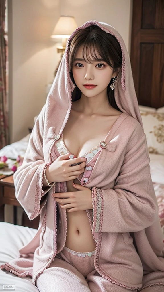 BREAK, 18 yo, pajamas, colorful clothes, smile, (chest covered:1.8),hyper-realistic,  sitting on bed, dimly lit, mystical atmosphere, fog, decorated with sparkling diamonds and rubies, rose shaped jewelry, very intricate and detailed, slender body, narrow waist, wide hips, perfect ass, perky big , fog, highest quality, arched back,  easynegative, pureerosface_v1, Expressiveh