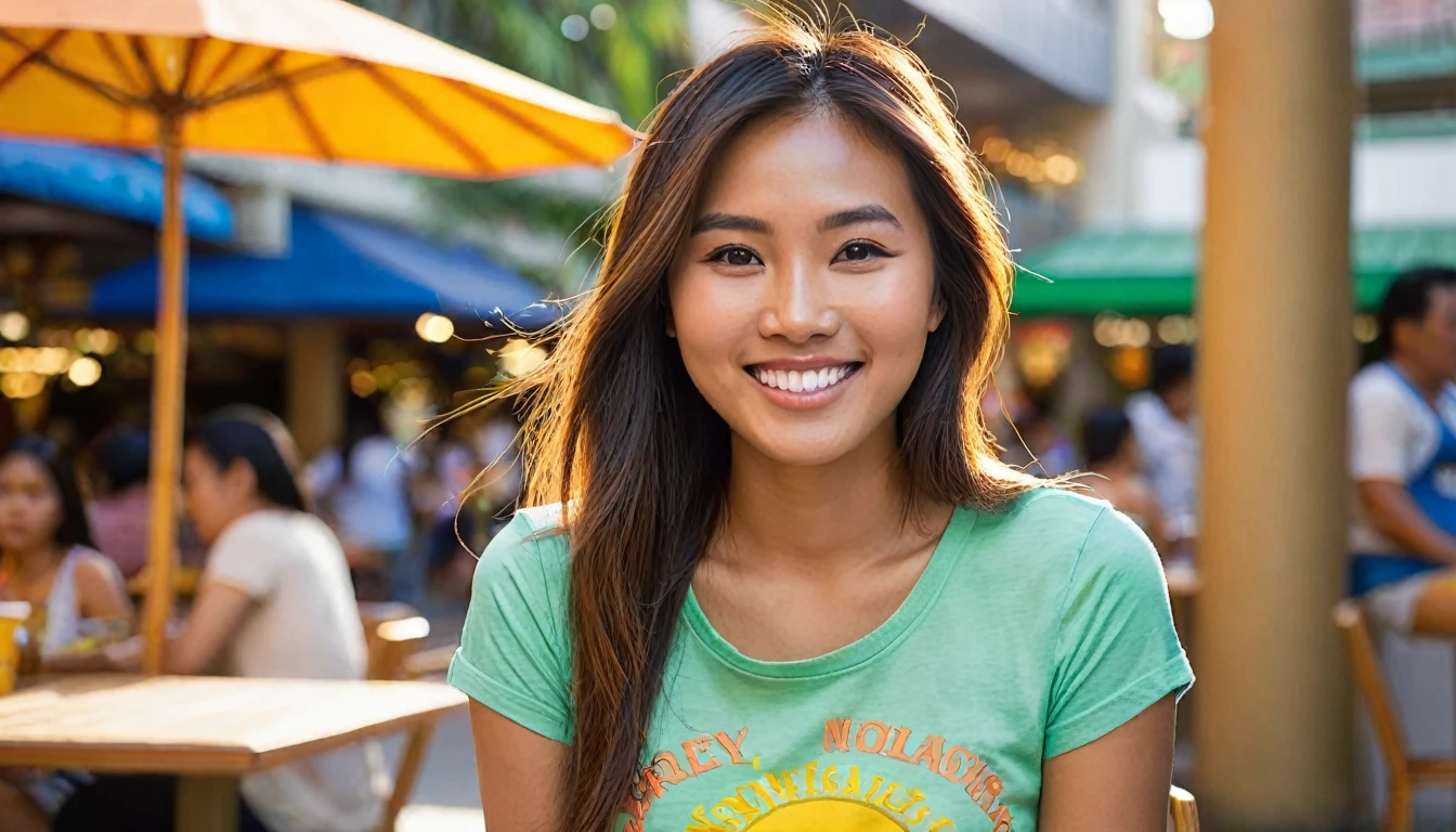 "Capture a 28-year-old Asian-Hispanic-Filipina woman with a slender and body, tanned brown skin, and a flat nose. Her long, thick, waist-length hair is a prominent feature. She is seated in a bustling outdoor mall food court in the Philippines, giving a candid, flirtatious smile. She wears casual shorts and a brightly colored t-shirt. The image is a medium shot, taken during the golden hour of the afternoon, emphasizing a bokeh background with a 2.8 aperture depth of field. The focus is sharp on her richly detailed face and hair, conveying a photorealistic quality."
