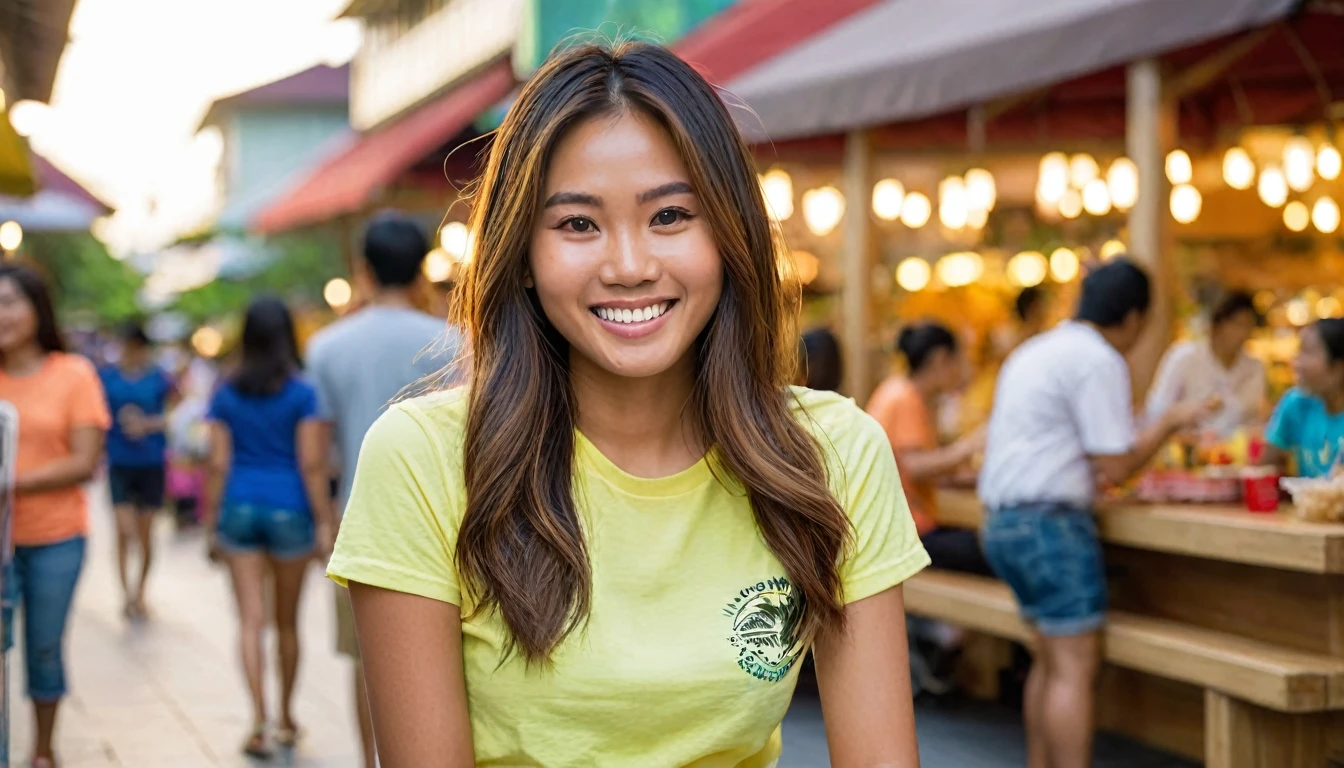 "Capture a 28-year-old Asian-Hispanic-Filipina woman with a slender and body, tanned brown skin, and a flat nose. Her long, thick, waist-length hair is a prominent feature. She is seated in a bustling outdoor mall food court in the Philippines, giving a candid, flirtatious smile. She wears casual shorts and a brightly colored t-shirt. The image is a medium shot, taken during the golden hour of the afternoon, emphasizing a bokeh background with a 2.8 aperture depth of field. The focus is sharp on her richly detailed face and hair, conveying a photorealistic quality."