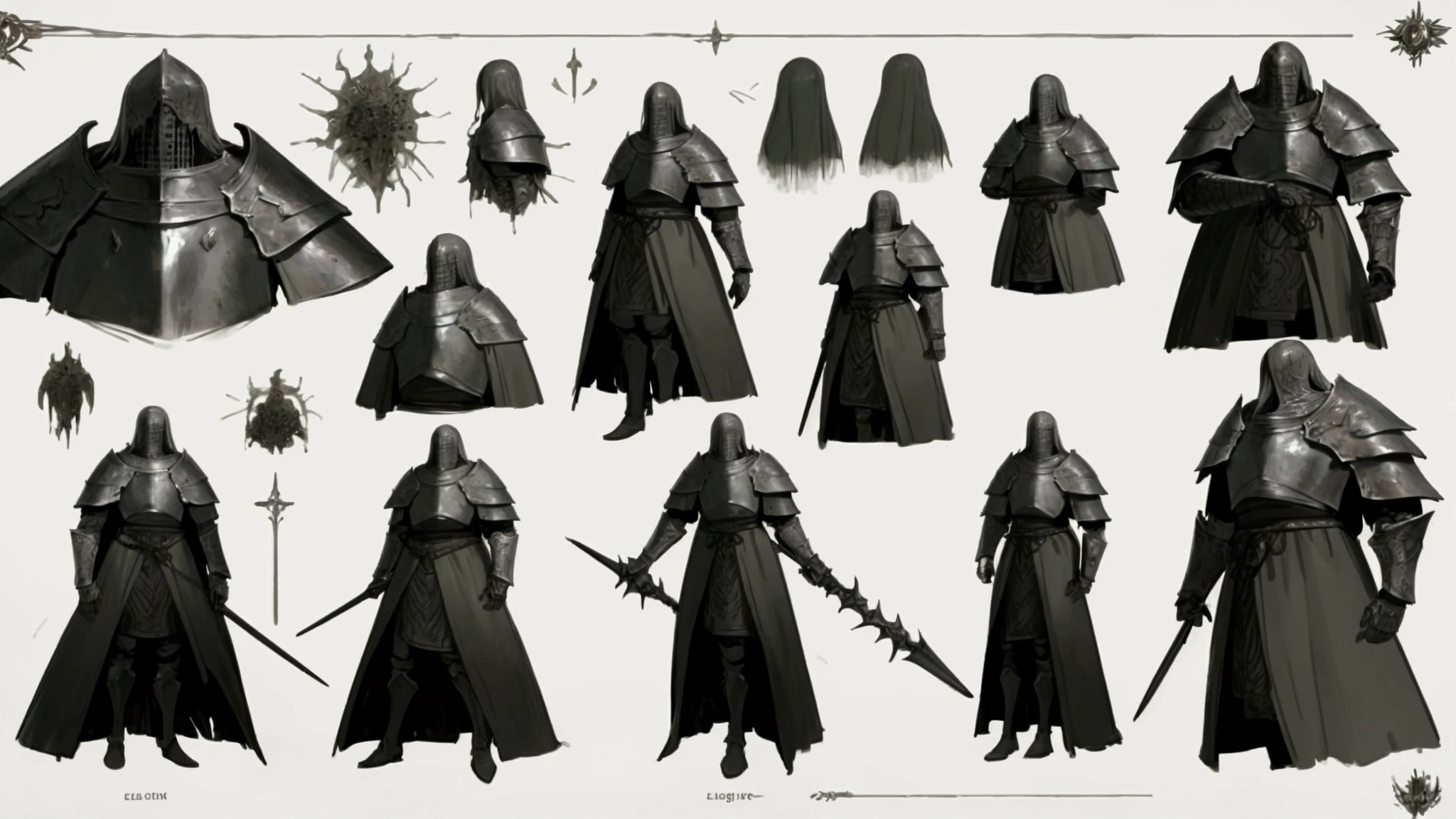 elden ring, dark souls, concept art sheet, items, weapons: burning knights in agony with melted armor. 