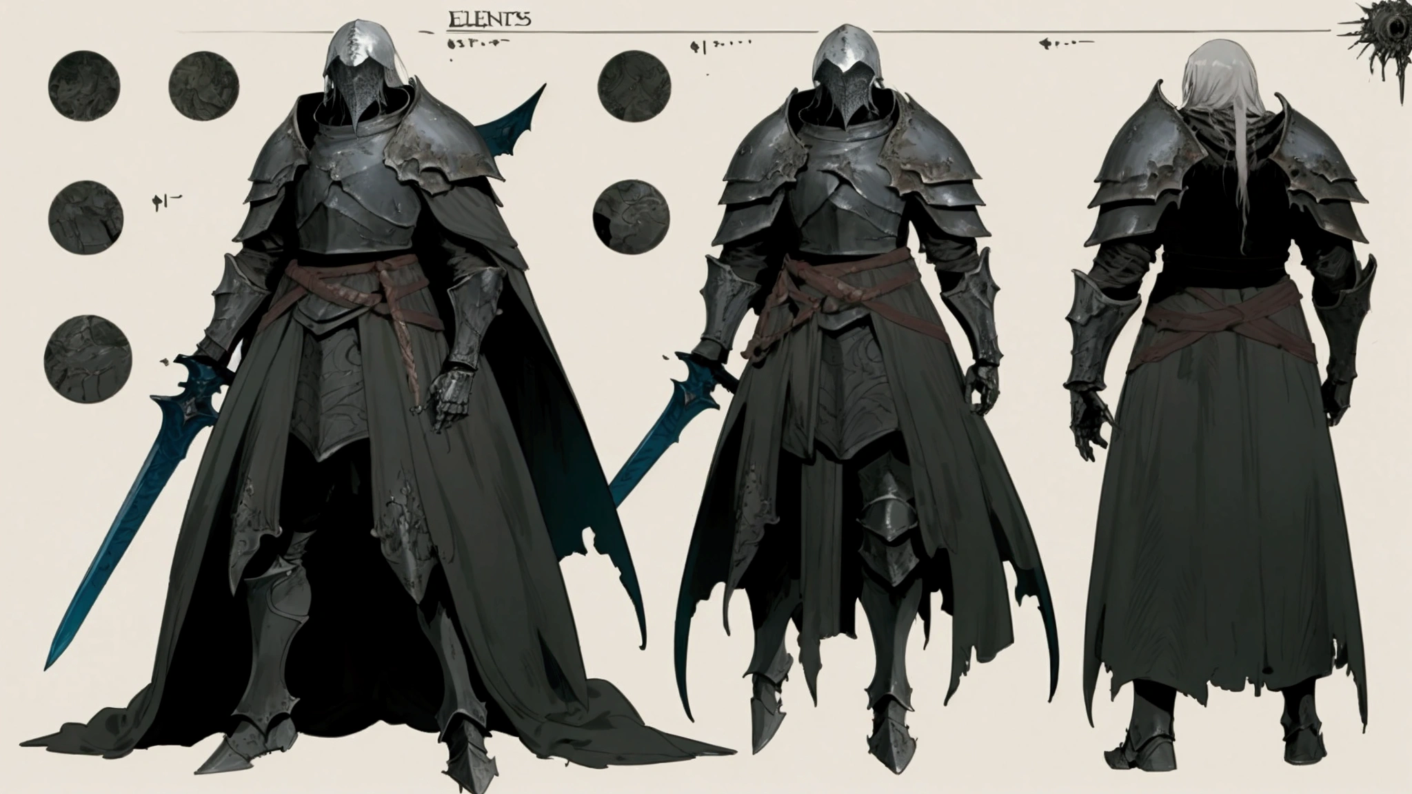 elden ring, dark souls, concept art sheet, items, weapons: burning knights in agony with melted armor. 