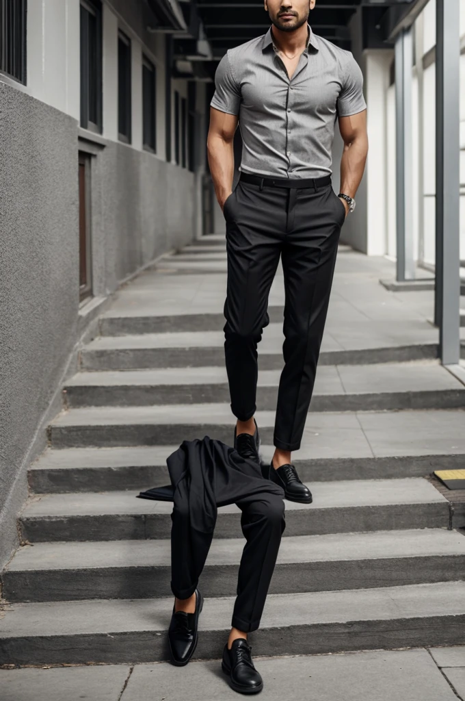 Man with gray short-sleeved shirt and black pants