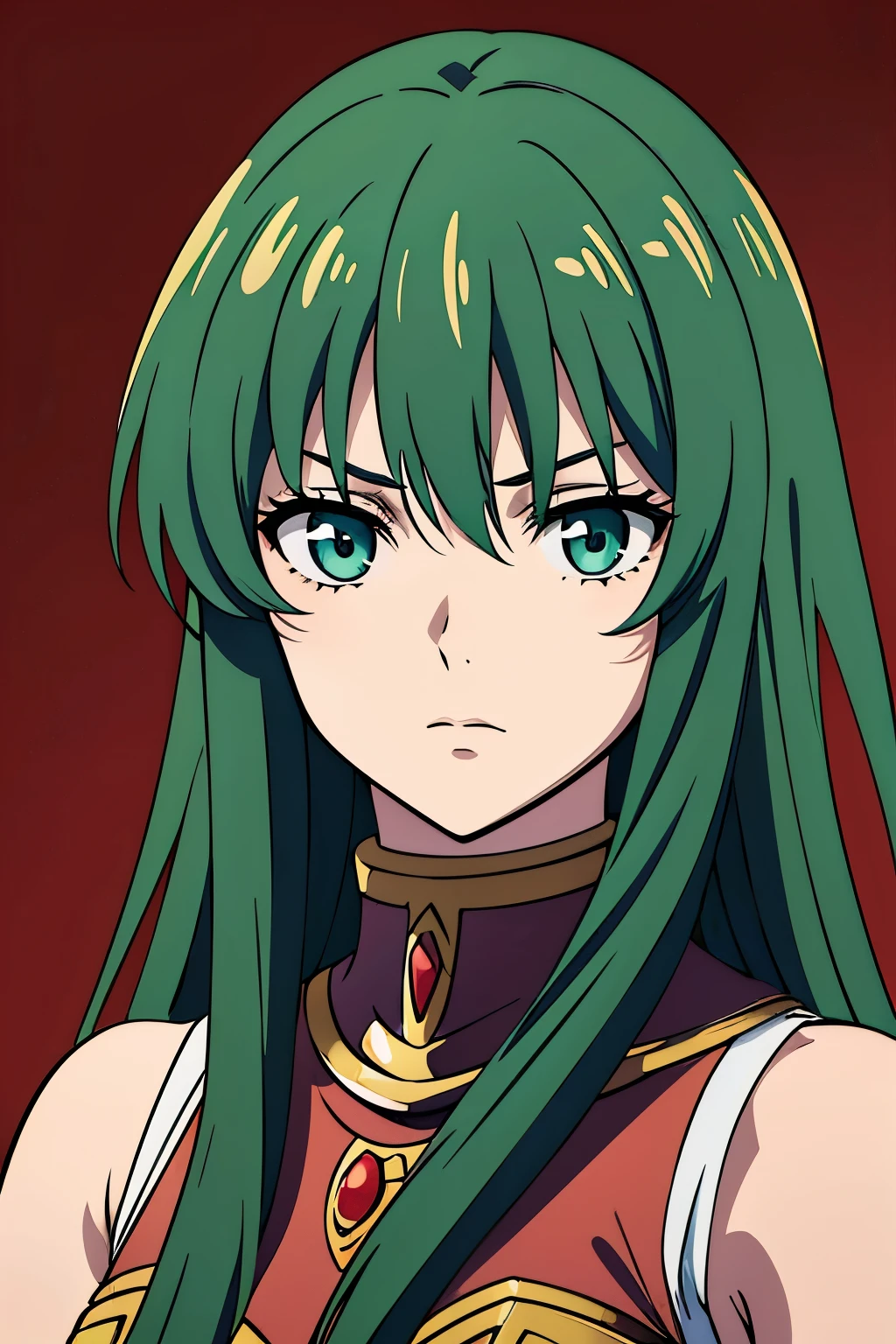 (high-quality, breathtaking),(expressive eyes, perfect face) 1female, Symmetrical Eyes, girl , solo, adult , portrait, dark green colored hair, red coloured eyes, stylised hair, neutral expression, soft smile, medium length hair, loose hair, side bangs, wavy hair, slightly narrow eyes, looking at viewer, black armor, red trim, fantasy armor, corruption theme, Sasha Saint Seiya Lost Canvas, Goddess Athena, haunting red background, athenaCloth_armor
