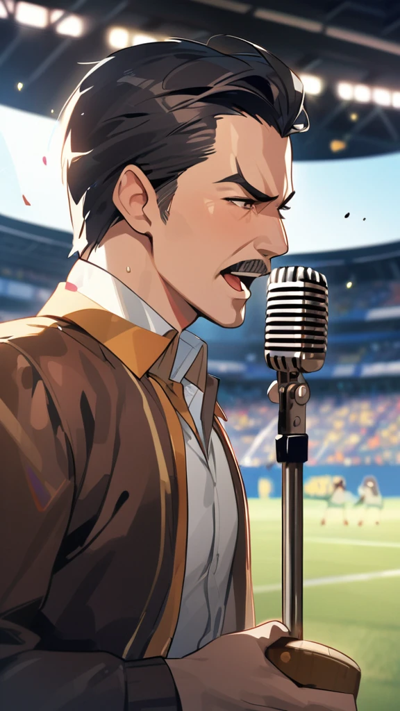 Queen、Freddie Mercury、Man singing、Elaborately、high quality、Attention to detail、4K.Stadium Background、