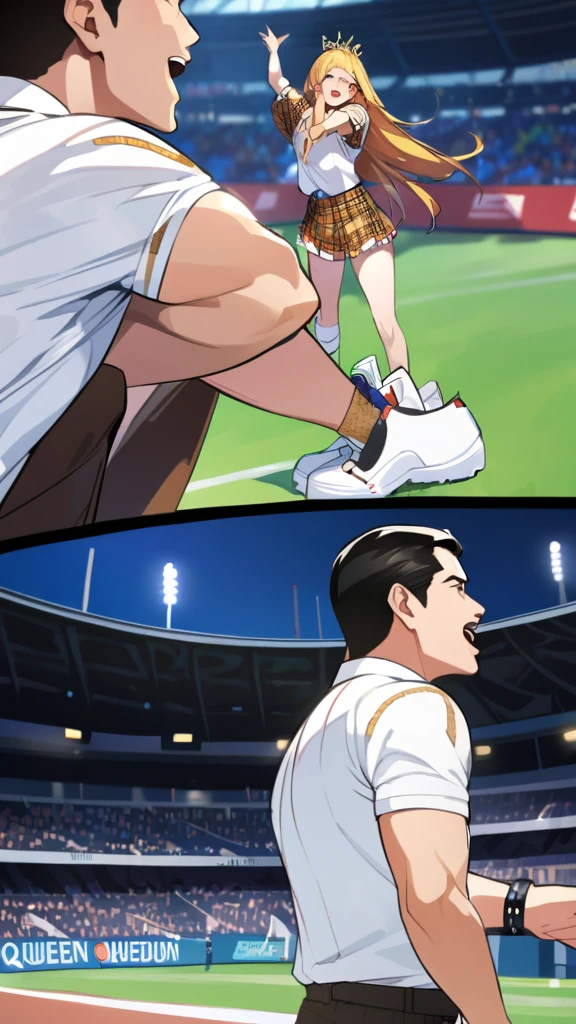 Queen、Freddie Mercury、Man singing、Elaborately、high quality、Attention to detail、4K.Stadium Background、