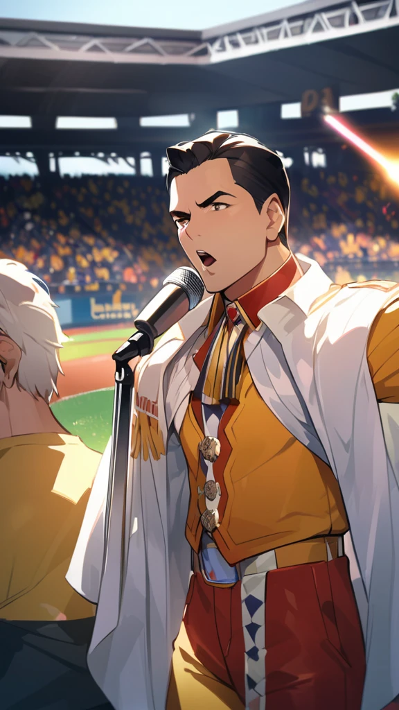 Queen、Freddie Mercury、Man singing、Elaborately、high quality、Attention to detail、4K.Stadium Background、