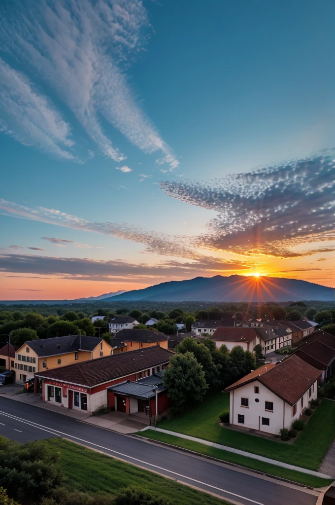 Footage of a sunrise over a small town.
