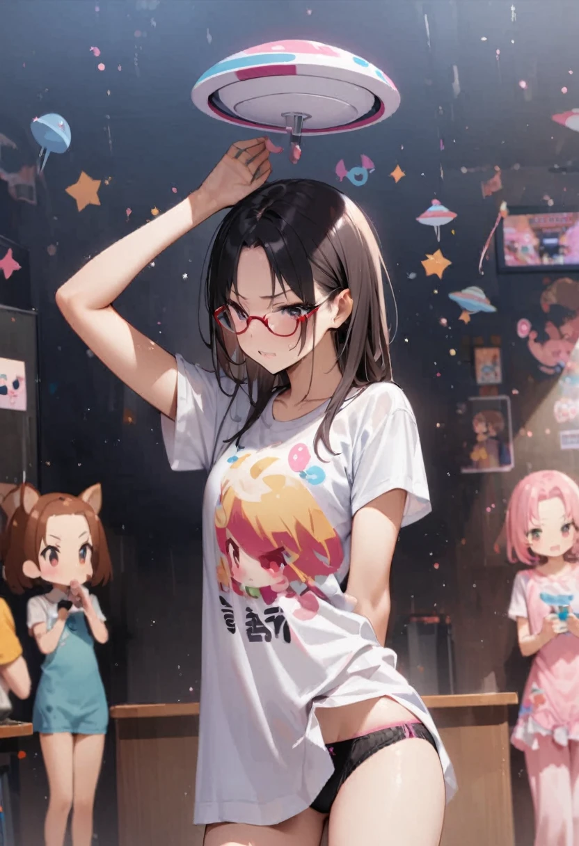 Fashionable glasses、back view, Backwards、Butt、back、back of head、Hips、Hair back、Calf、Very Very triped panties、Chibi T-shirt、Panty shot、arcade、game machine、Game bench、UFO Catcher、Purikura、Date、forehead、Girl、Girl、Short、Younger、Lower school year、Baby Face、flat chest、Angry face、Dynamic Angle、masterpiece、best quality、ultra-detail、There are customers around、I'm making a mess、Clothing