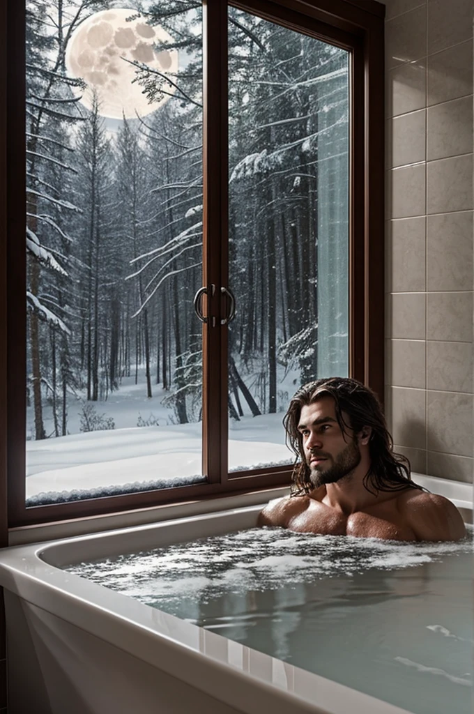 attractive alpha male with long ashy hair and red eyes, taking a bath in a luxurious bathtub while you can see the full moon and snow through the window, estilo 2d