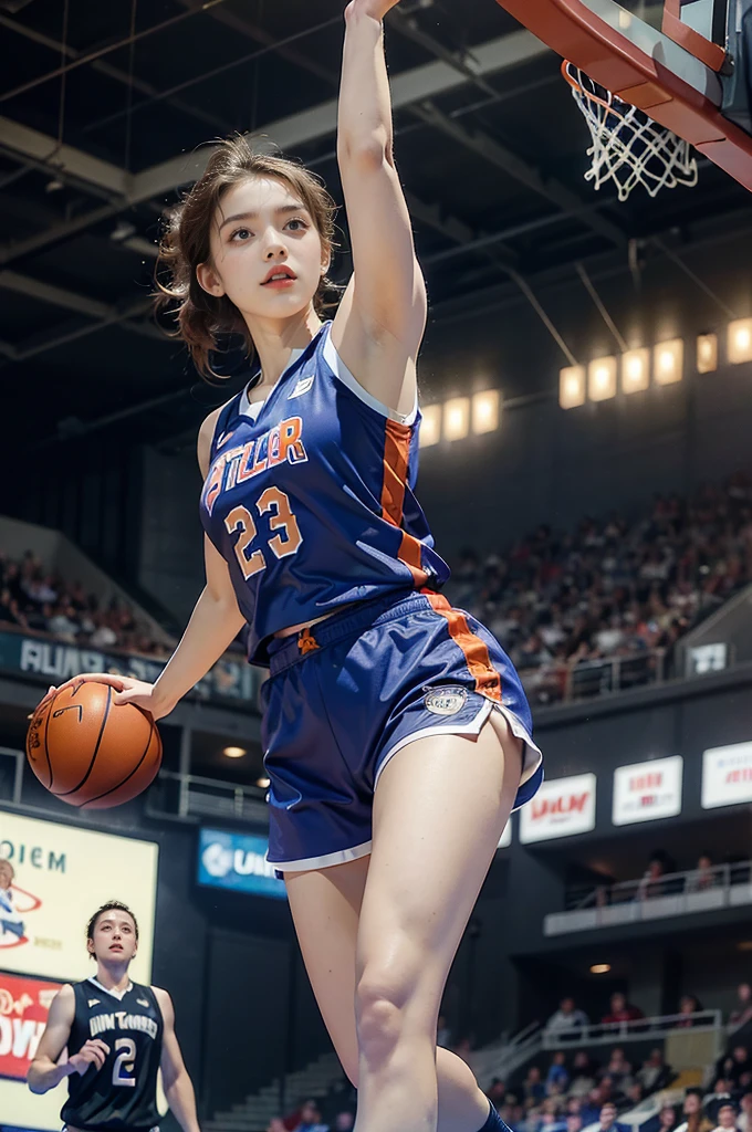(((best quality))), (((ultra detailed))), (((masterpiece))), illustration, ((1girl,female basketball player,solo)),(slam dunk:1.3),(dunking in the air:1.3), intensity, determined expression, flushed face, perspiration, almond-shaped eyes, mesh jersey, team name and number, form-fitting shorts, athletic build, high-top basketball shoes, indoor basketball gym, well-lit, wooden floor, scoreboard, spectators, stands, action, impact, ball through the hoop, victory, achievement, dedication, skill,(basketball:1.3)