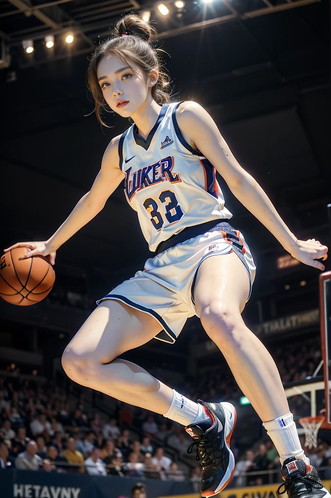 (((best quality))), (((ultra detailed))), (((masterpiece))), illustration, ((1girl,female basketball player,solo)),(slam dunk:1.3),(dunking in the air:1.3), intensity, determined expression, flushed face, perspiration, almond-shaped eyes, mesh jersey, team name and number, form-fitting shorts, athletic build, high-top basketball shoes, indoor basketball gym, well-lit, wooden floor, scoreboard, spectators, stands, action, impact, ball through the hoop, victory, achievement, dedication, skill,(basketball:1.3)