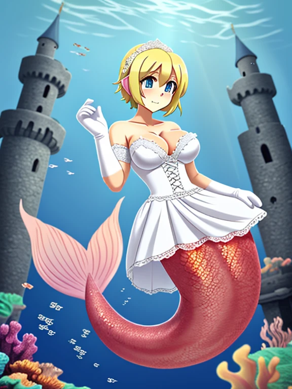 Underwater sea, crossdressing, anime, tall, mature, beauty, large breasts, short hair, blonde hair, blue eyes, long mermaid tail below waistline, red fish scales on skin, wear wedding dress, white dress, cleavage, lace gloves, white gloves, elbow gloves, background castle,