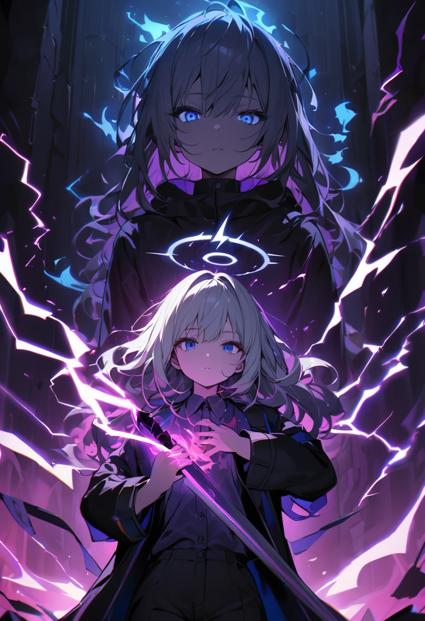 elementary, Shadow Surrounding Girl, lightning, Green Aura, Red aura, Purple aura, Flames surrounding the girl, masterpiece, Dark Theme, Highest quality, Maximum details, Very fine eye, Professional coloring, cinematic lightning, Remaining, Written boundary depth, Backlight, One Girl, Center of chest, Young girl, Silver Hair, Long Hair, Black glowing halo, Shining blue sea, Embrace the blue flame, Black long coat, shirt, Black trousers, Swinging a thin long sword, Expressionless purple and blue eyes, 