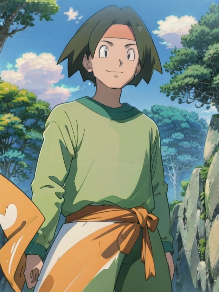 Tracey, solo, smile, shirt, 1boy, closed mouth, upper body, male focus, outdoors, sky, cloud, black eyes, green shirt, anime coloring pokemovies, sugimori ken, ken sugimori ken \(style\), masterpiece, 8k, best quality, happy, smile, anime screencap, zoom out, landscape, sea, daytime, sunlight, concept art, anime background,