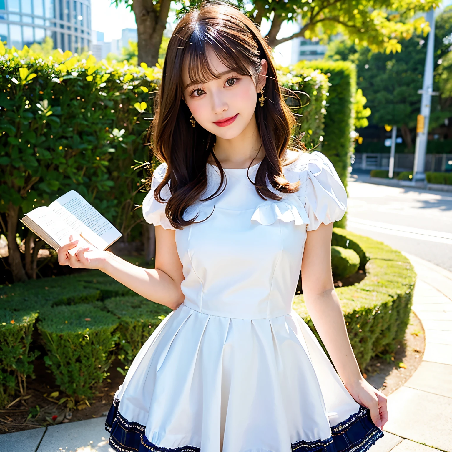 ((Highest quality)), ((masterpiece)), (detailed), One girl,cute,holding a book,dress,Small breasts,,whole body,Idol,Fluttering skirt,Standing posture,White background