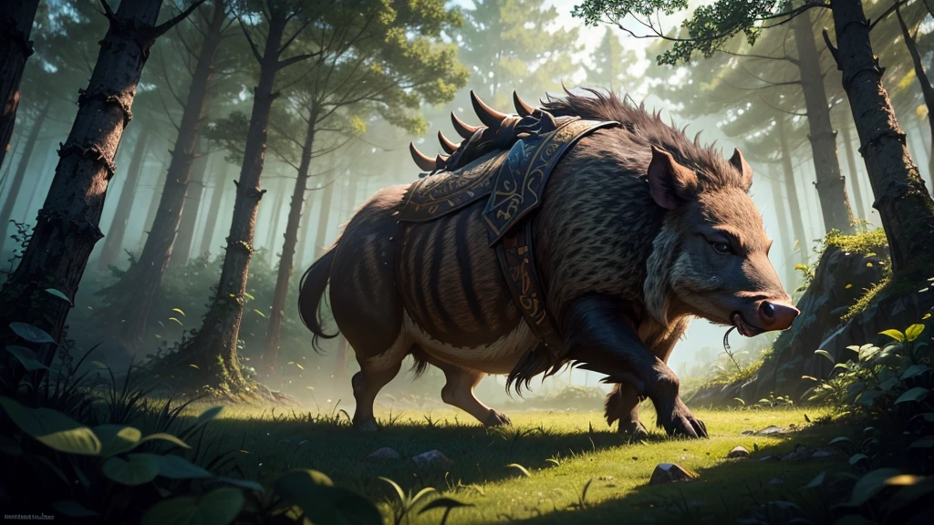 A bold wild boar wearing a warrior's helm, standing defiantly in a mystical forest.