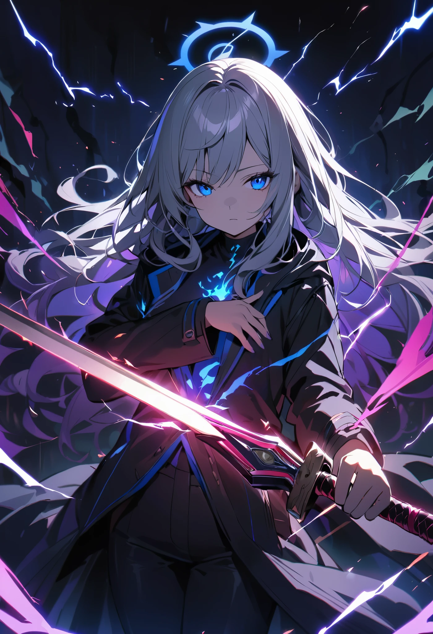 elementary, Shadow Surrounding Girl, lightning, Green Aura, Red aura, Purple aura, Flames surrounding the girl, masterpiece, Dark Theme, Highest quality, Maximum details, Very fine eye, Professional coloring, cinematic lightning, Remaining, Written boundary depth, Backlight, One Girl, Center of chest, Young girl, Silver Hair, Long Hair, Black glowing halo, Shining blue sea, Embrace the blue flame, Black long coat, shirt, Black trousers, Swinging a thin long sword, Expressionless purple and blue eyes, 