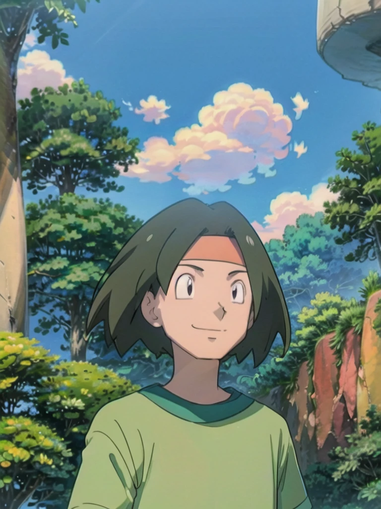 Tracey, solo, smile, shirt, 1boy, closed mouth, upper body, male focus, outdoors, sky, cloud, black eyes, green shirt, anime coloring pokemovies, sugimori ken, ken sugimori ken \(style\), masterpiece, 8k, best quality, happy, smile, anime screencap, zoom out, landscape, sea, daytime, sunlight, concept art, anime background,