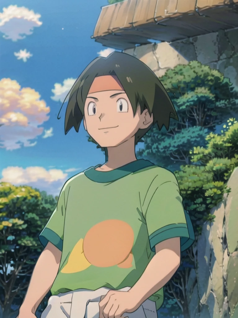Tracey, solo, smile, shirt, 1boy, closed mouth, upper body, male focus, outdoors, sky, cloud, black eyes, green shirt, anime coloring pokemovies, sugimori ken, ken sugimori ken \(style\), masterpiece, 8k, best quality, happy, smile, anime screencap, zoom out, landscape, sea, daytime, sunlight, concept art, anime background,