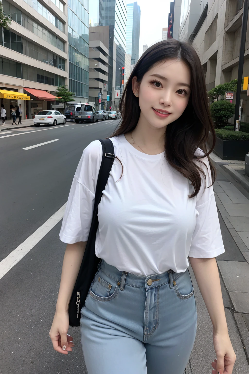 Tabletop, Highest quality, Realistic, In detail, High resolution, 8k wallpaper, Perfect dynamic composition, Beautiful attention to detail, (Medium Hair, Wavy Hair), Big ample breasts, 23 years old, (Droopy eyes), Adult Beauty, Japanese,
(random color, cute oversize t-shirt, pants),summer clothes, (Breast bulge:1.2),
Laughter、Cityscape, Random pose, Downtown, Walking the streets of Tokyo,iced coffee, Nylon fabric backpack,