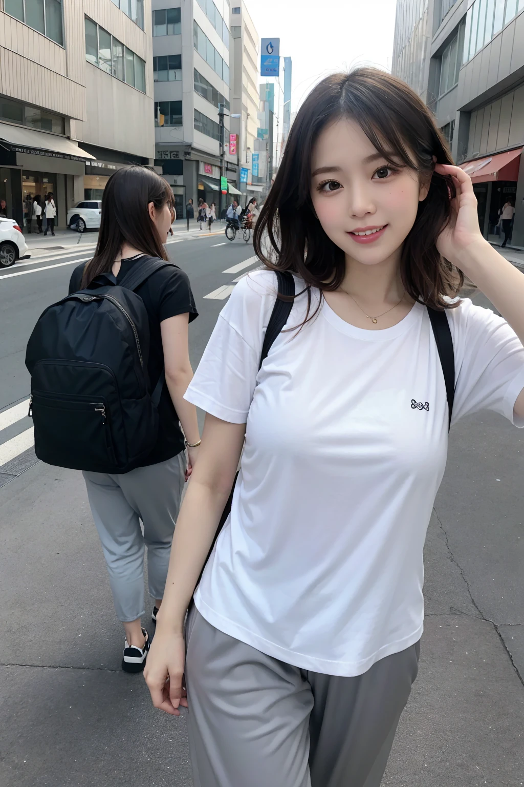 Tabletop, Highest quality, Realistic, In detail, High resolution, 8k wallpaper, Perfect dynamic composition, Beautiful attention to detail, (Medium Hair, Wavy Hair), Big ample breasts, 23 years old, (Droopy eyes), Adult Beauty, Japanese,
(random color, cute oversize t-shirt, pants),summer clothes, (Breast bulge:1.2),
Laughter、Cityscape, Random pose, Downtown, Walking the streets of Tokyo,iced coffee, Nylon fabric backpack,